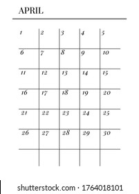 US Letter size Vector Planner template. Blank printable vertical notebook page. Business organizer. April Calendar habit tracker, project, notes, goals. 