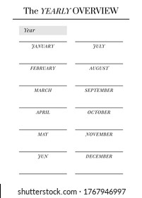 US Letter size Vector Planner template. Blank printable vertical notebook page. Business organizer. Calendar daily, weekly, monthly, yearly, habit tracker, project, notes, goals. Week starts on Sunday