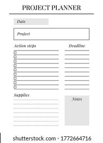 US Letter size Vector Planner template. Blank printable vertical notebook page. Business organizer. Calendar daily, weekly, monthly, yearly, habit tracker, project, notes, goals. Week starts on Sunday