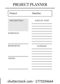 US Letter size Vector Planner template. Blank printable vertical notebook page. Business organizer. Calendar daily, weekly, monthly, yearly, habit tracker, project, notes, goals. Week starts on Sunday