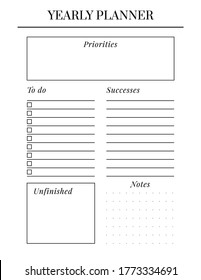 US Letter size Vector Planner template. Blank printable vertical notebook page. Business organizer. Calendar daily, weekly, monthly, yearly, habit tracker, project, notes, goals. Week starts on Sunday