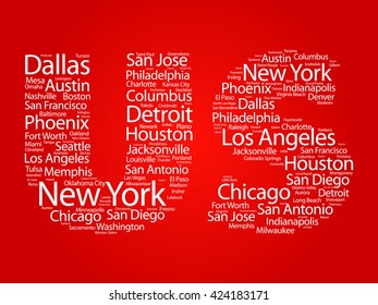 US letters with cities names word cloud, concept background