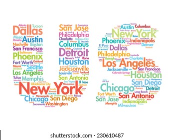 US letters with cities names words cloud, vector concept background