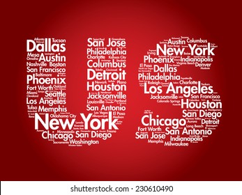 US letters with cities names words cloud, vector concept background