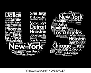 US letters with cities names words cloud, vector concept background