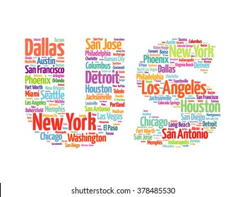 US letters with cities names words cloud, concept background