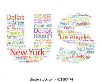 US letters with cities names words cloud, concept background