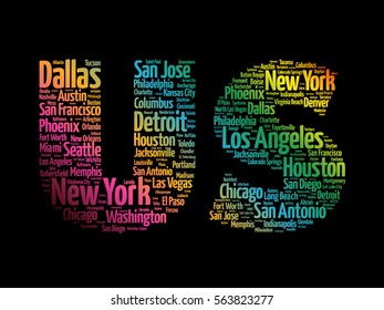US letters with cities names words cloud, concept background