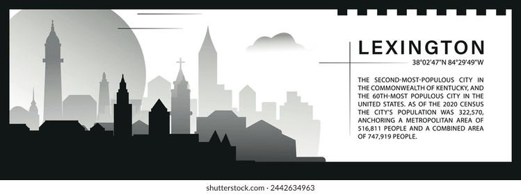 US Lexington city skyline vector banner, black and white minimalistic cityscape silhouette. USA Kentucky state horizontal graphic, travel infographic, monochrome layout for website