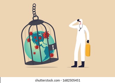 US lockdown to stop COVID-19 Coronavirus outbreak spreading crisis concept, planet earth globe shape with United State of America map lockdown in cage with COVID-19 virus pathogen by medical worker.