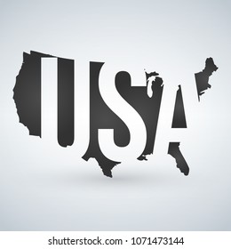 US logo or icon with USA letters across the map, United States of America. Vector illustration isolated on modern background with shadow.