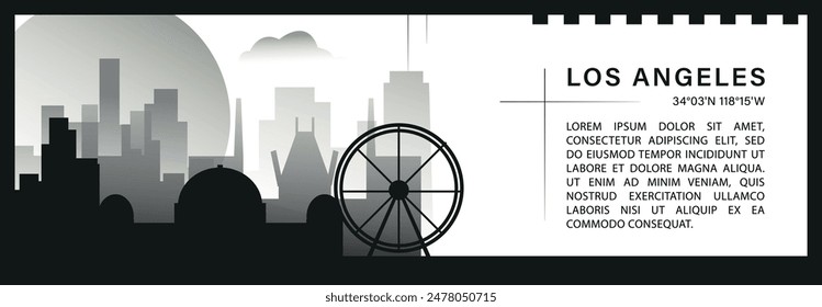 ANUNCIO de Vector del horizonte de Los Ángeles de los Estados Unidos, silueta minimalista del paisaje urbano en blanco y negro. EE.UU. Gráfico Horizontal del estado de California, infografía de viaje, diseño monocromo para el Sitio web