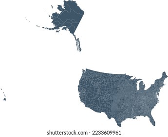 US map with 3142 counties, Hawaii and Alaska State in their map positions