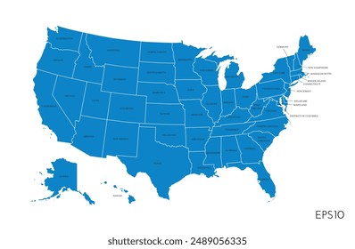 Mapa de Estados Unidos. Plantilla de infografías estadounidenses, con estados separados y nombres de estados. Ilustración vectorial.