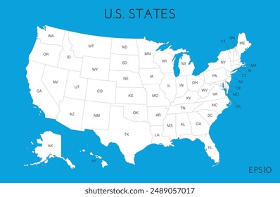 US map. American infographics template, with separated states and short state names. Vector illustration.