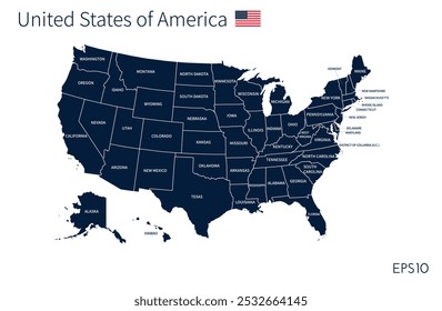 US map. American infographics template, with separated states and state names. Vector illustration.