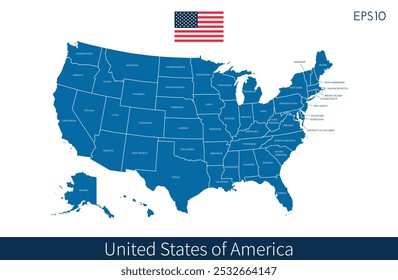 US map. American infographics template, with separated states and state names. Vector illustration.