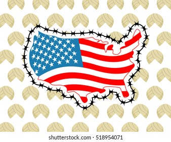 US Map with barbed wire. America closes border in relation to immigrants and refugees. Country protects its borders. USA flag. Surrounded by  perimeter fence. Ban illegal migration. Many turban