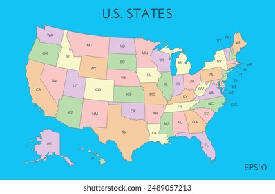 Mapa de Estados Unidos. Plantilla de infografías estadounidenses de colores, con estados separados y nombres de estados cortos. Ilustración vectorial.