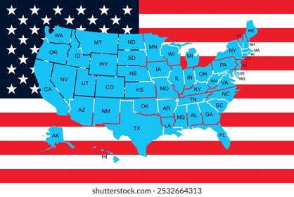 Mapa de EE.UU. Plantilla de infografías estadounidenses de colores, con estados separados, nombres de estados cortos y bandera estadounidense en el fondo. Ilustración vectorial. 