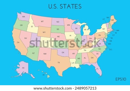 US map. Colored American infographics template, with separated states and short state names. Vector illustration.