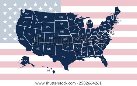 US map. Colored American infographics template, with separated states, short state names and US flag on the backdrop. Vector illustration. 