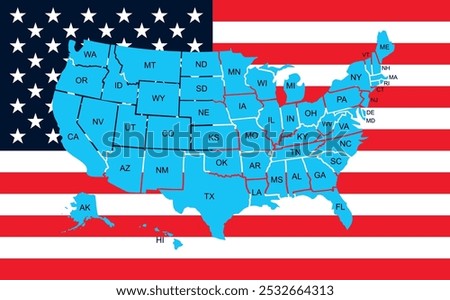 US map. Colored American infographics template, with separated states, short state names and US flag on the backdrop. Vector illustration. 