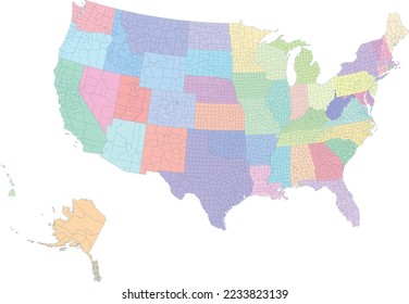 US map with counties, all 3142 county shapes by 50 states and Washington D.C.