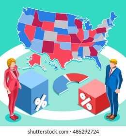 Us Map Election infographic Democrat Republican party candidate convention. Usa symbol Presidential debate vector icon. Trump opponent rally flat isolated concept congress tribune auditorium pedestal