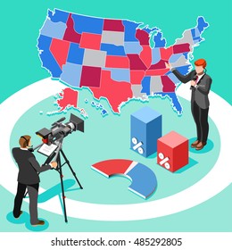 Us map Election News infographic. Democrat Republican convention hall. Party presidential debate endorsement. Trump GOP rally 3D flat senate congress tribune pedestal auditorium audience Vector Image