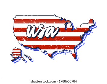 US map with flag texture vector illustration. Typography hand drawn lettering USA on map shaped old grunge vintage dirty faded shabby distressed American national flag isolated on white background