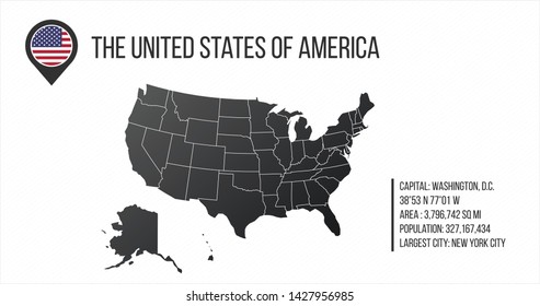 US Map with general information and flag in the map pin. Infographics design. Infographic template. vector illustration isolated on white background.