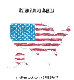 U.S. map with hand-drawn flag isolated on white background. The outline of the United States of America (USA)