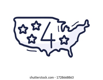 US map icon with the number of July 4 is drawn by hand in cartoon style. Vector illustration for Independence Day in the United States