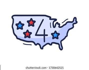 US map icon with the number of July 4 is drawn by hand in cartoon style. Vector illustration for Independence Day in the United States