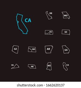 Us map icons set. Arizona and us map icons with city, missouri and geography. Set of south for web app logo UI design.