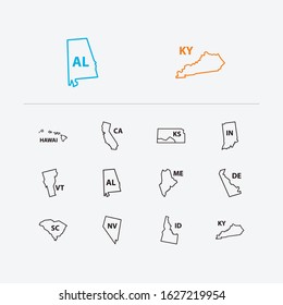 Us map icons set. California and us map icons with cartography, geography and alabama. Set of territory for web app logo UI design.