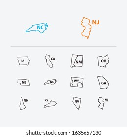 Us Map Icons Set. California And Us Map Icons With Travel, Kentucky And New Hampshire. Set Of Atlantic For Web App Logo UI Design.