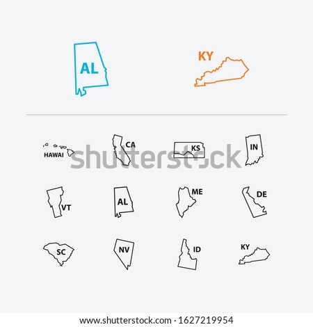 Us map icons set. California and us map icons with cartography, geography and alabama. Set of territory for web app logo UI design.