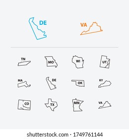 Us Map Icons Set. Country And Us Map Icons With Utah, Oklahoma And Geography. Set Of Missouri For Web App Logo UI Design.