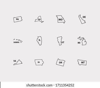 Us Map Icons Set. HawAI And Us Map Icons With Geography, Missouri And Pennsylvania. Set Of Shape For Web App Logo UI Design.