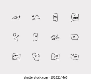 Us map icons set. Land and us map icons with journey, country and california. Set of new for web app logo UI design