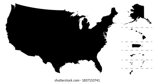 US map silhouette. Map of America and regions. USA frame background