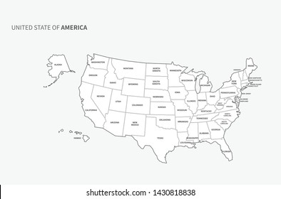 us map. vector line map of america. usa detailde map. united states map. 