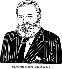 US, Mar 6 2022: Ernest Hemingway
American Novelist Portrait Hand Drawn Line Art Illustration