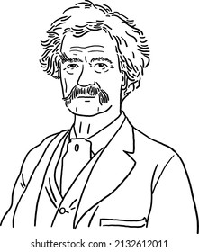 US, Mar 6 2022: Mark Twain American Writer Humorist Portrait Hand Drawn Line Art Illustration