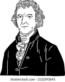 US, Mar 6 2022: Thomas Jefferson 3rd U.S. President American Statesman Portrait Hand Drawn Line Art Illustration