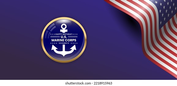 US marine corps birthday banner background design with waving US flag and copy space. Suitable to use on U.s. marine corps birthday event