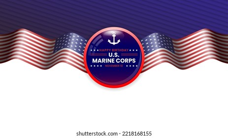 US marine corps birthday card background design with waving US flag and copy space. Suitable to use on U.s. marine corps birthday event