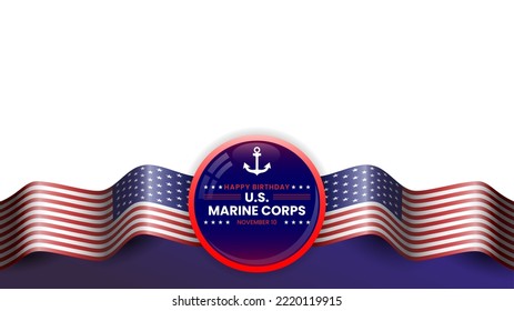 US marine corps birthday card background design with waving US flag and copy space. Suitable to use on U.s. marine corps birthday event